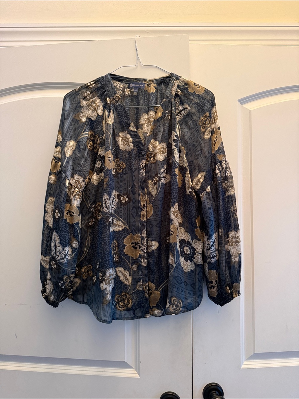 Democracy Navy Floral V-Neck Blouse with Gold Accents